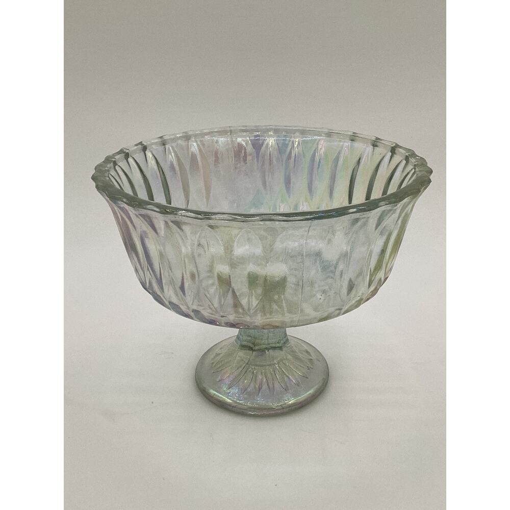 Vintage Hoosier Footed Compote Candy Dish Clear Iridescent Pressed Glass HG 4052